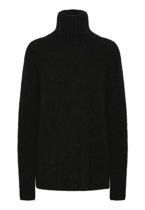 Maglione a collo alto nero realizzato in materiale morbido e testurizzato; vestibilità ampia con colletto e polsini a coste. Maniche lunghe e nessun motivo visibile.