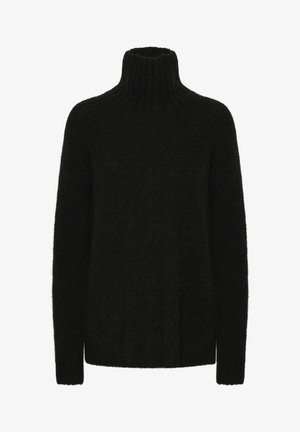 Must värvitud svöönditega turtleneck-sviiter, mis on valmistatud pehmest, tekstuurilisest materjalist; lõdva stiiliga, ribidega kaela- ja käeaukude juures. Pikkade varrukatega ja ilma nähtavate mustriteta.