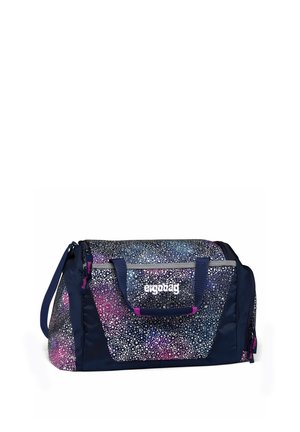Navy duffle bag featuring a multicolored speckled pattern on the front, designed with dual handles and a removable shoulder strap.
