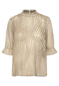 Beige top med et tekstureret bølgemønster og flagrende ærmer. Høj halsudskæring med en nøglerække åbning bagpå og glat stof.