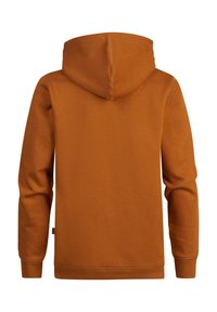 Oranje hoodie met een trekkoord in de capuchon, lange mouwen en geribde manchetten. Zachte textuur en eenvoudig ontwerp, geen zichtbare patronen of logo's.
