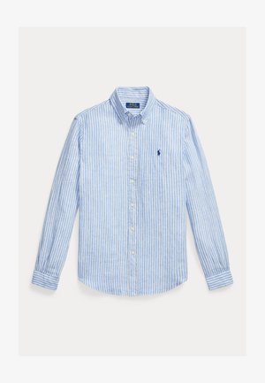 Lichtblauw-wit gestreept overhemd met lange mouwen, knoopsluiting, knoopkraag en een geborduurd donkerblauw logo op de borst.