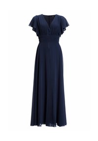 Abito blu navy, lungo fino al pavimento, realizzato in tessuto leggero, con maniche fluttuanti, scollatura a v e vita aderente con dettagli plenati.