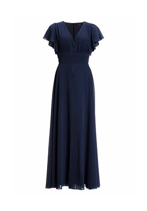 Navyblauwe, vloerlange jurk van lichte stof, met vloeiende mouwen, een v-halslijn en een getailleerde taille met plooidetails.