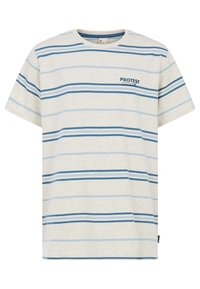 Gestreept T-shirt in lichtbeige met blauwe strepen, gemaakt van katoen. Korte mouwen, ronde hals, met een klein "PROTEST" logo op de voorkant.