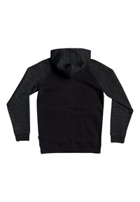 Felpa nera con cappuccio e maniche in grigio scuro texturizzato. Presenta polsini e orlo a costine. Design semplice senza loghi o motivi visibili.