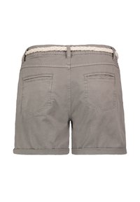 Gray shorts with a braided white belt, featuring a rolled hem and two back pockets. Made of lightweight fabric with a smooth texture.