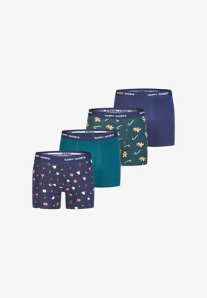 Quatre paires de caleçons boxers avec différents motifs : un bleu marine avec des motifs, un bleu sarcelle, un vert foncé avec des imprimés de pain d'épice, et un uni bleu marine.