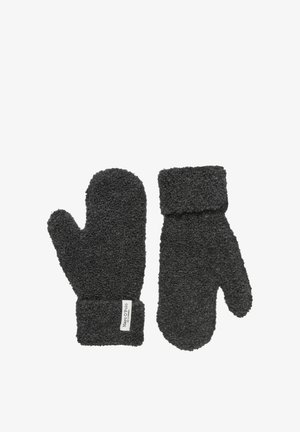 Grijze, zachte wanten van pluizige stof, met een omgeslagen boord en een geweven label met merknaam aan één kant.