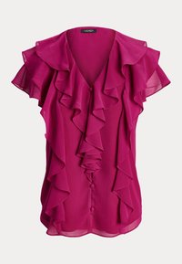 Fuchsia blouse with ruffled sleeves and collar, featuring a V-neck and button details down the front, made from lightweight fabric.