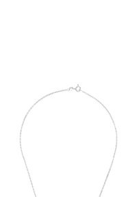 Delikat silverkedja med ett litet runt lås på en vit bakgrund.