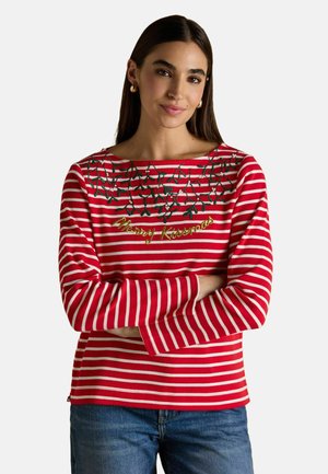 Langärmliges Shirt mit roten und weißen Streifen, Rundhalsausschnitt, besticktem grünen Mistelzweig und dem Text "Merry Kissmas" in Gold.
