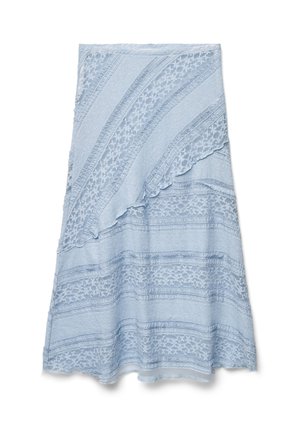 Light blue skirt with textured, striped design. Features lace-like patterns and scalloped edges. Made from a soft, flowy fabric.