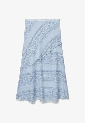 Light blue skirt with textured, striped design. Features lace-like patterns and scalloped edges. Made from a soft, flowy fabric.