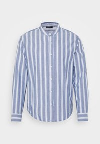 Blå och vit randig skjorta med knappar, med krage, långa ärmar och rundad nederkant. Tillverkad av lättviktsmaterial.