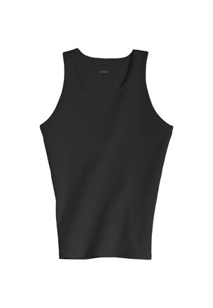 Black tank top made of smooth fabric with a round neckline and wide armholes. Features a simple, sleeveless design.