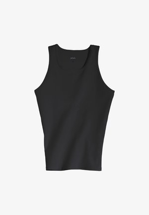 Black tank top made of smooth fabric with a round neckline and wide armholes. Features a simple, sleeveless design.