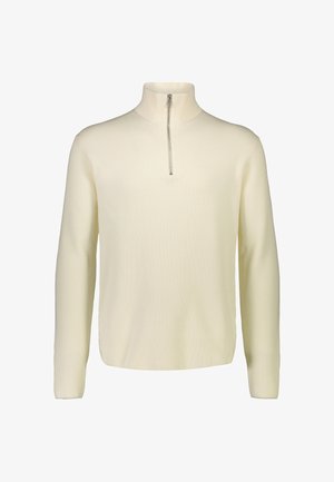 Maglione color crema a coste con maniche lunghe e zip corta frontale su collo alto.