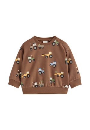 Brun langærmet sweatshirt til småbørn med farverige traktor- og landbrugsudstyrsmønstre over det hele, ribstrikkede manchetter og en rund halsudskæring med skulderknapper.