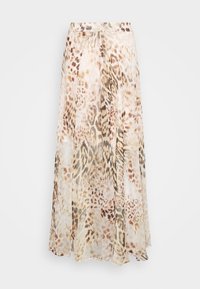 Maxi-Rock aus leichtem, durchscheinendem Stoff mit einem beige-braunen Tierdruckmuster. Ausgestelltes Design mit gefalteter Front.