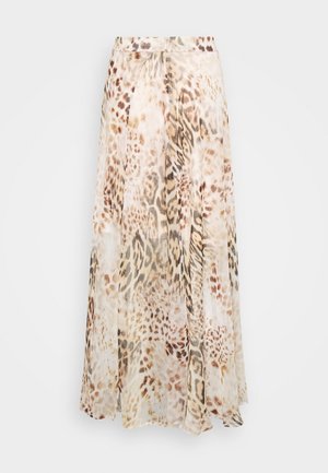 Jupe maxi en tissu léger et translucide, arborant un motif animalier beige et marron. Design évasé avec un devant plissé.