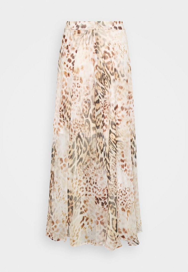 Maxi-Rock aus leichtem, durchscheinendem Stoff mit einem beige-braunen Tierdruckmuster. Ausgestelltes Design mit gefalteter Front.