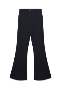 Pantaloni neri a vita alta con chiusura a bottone e cerniera, gambe svasate e passanti per cintura, presentati su uno sfondo bianco.