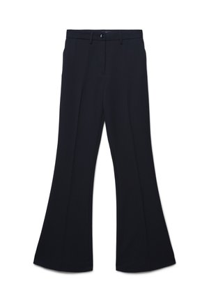 Pantaloni neri a vita alta con chiusura a bottone e cerniera, gambe svasate e passanti per cintura, presentati su uno sfondo bianco.
