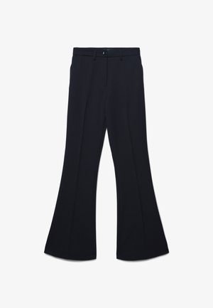 Black high-waist dress pants with a button and zipper closure, flared legs, and belt loops, displayed against a white background.