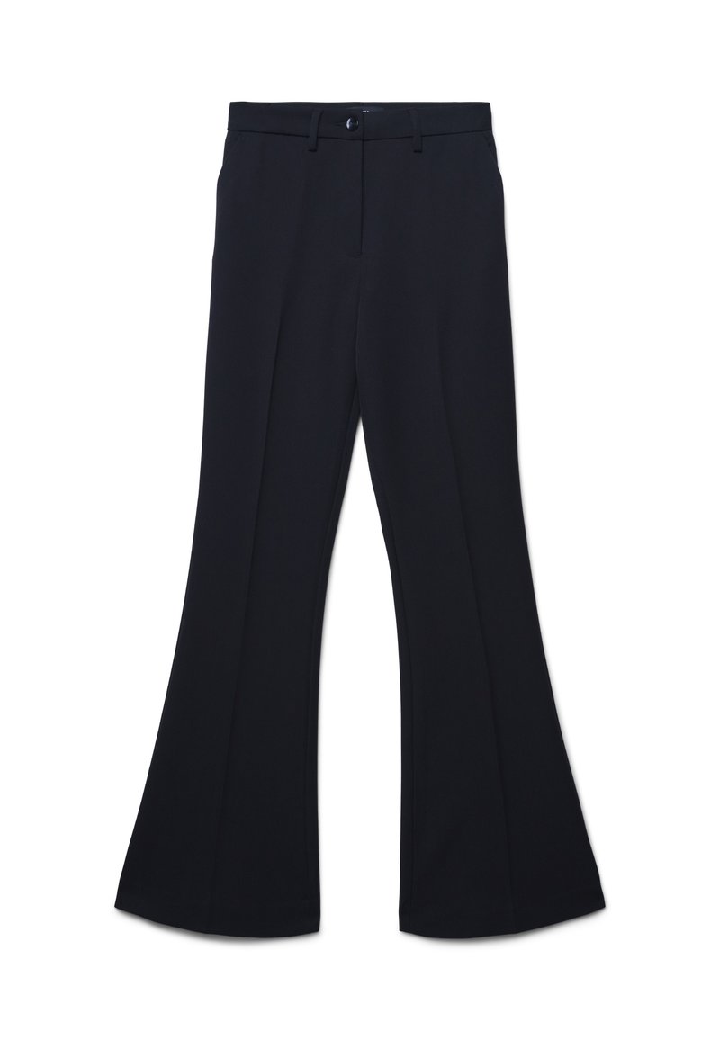 Pantaloni neri a vita alta con chiusura a bottone e cerniera, gambe svasate e passanti per cintura, presentati su uno sfondo bianco.