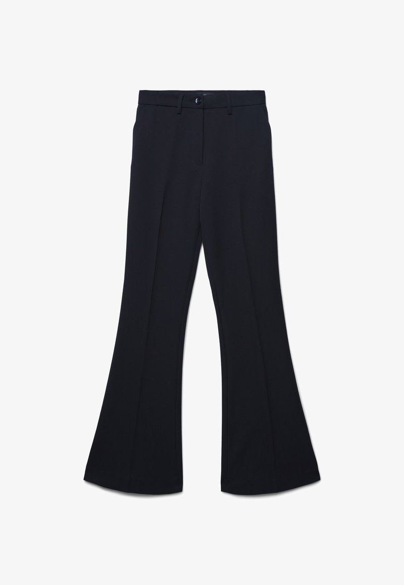 Pantaloni neri a vita alta con chiusura a bottone e cerniera, gambe svasate e passanti per cintura, presentati su uno sfondo bianco.