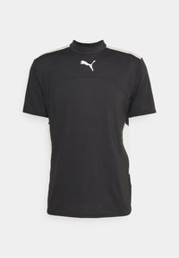 Camiseta atlética negra de mangas cortas, cuello alto, logo de Puma en blanco, tejido texturizado y acentos laterales en gris claro.