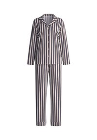 Gestreepte pyjama-set met een knoopsluiting boven met een kraag en lange mouwen, gecombineerd met bijpassende rechte broeken. Kleuren zijn marineblauw en crème.
