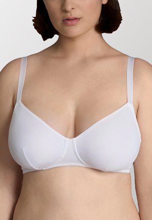 Sostenitore wireless bianco con un design semplice e liscio. Presenta spalline regolabili, un collo a V e coppe senza cuciture per il massimo comfort.