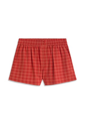 Pantalones cortos de algodón a cuadros rojos con cintura elástica y dos botones frontales, diseñados para uso casual.