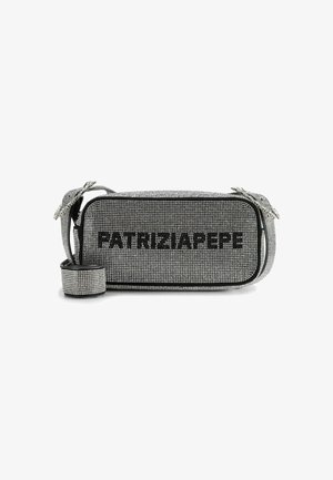 Rechteckige Handtasche mit Strassbesatz in Silber und Schwarz, ausgestattet mit Reißverschluss und verstellbarem Trageriemen mit floralem Muster.
