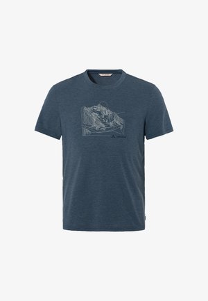 Herren T-Shirt mit kurzen Ärmeln, dunkelblau, aus Baumwollmischung, mit einer weißen Linzeichnung von Bergen und Sonne auf der Vorderseite, runder Halsausschnitt.