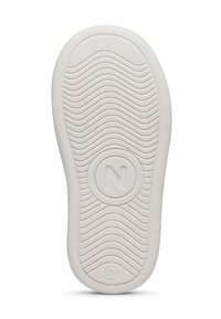 Sola di scarpa bianca con un motivo a onda e un logo circolare che presenta una "N". Caratterizzata da una forma arrotondata e un materiale in gomma liscio e testurizzato.