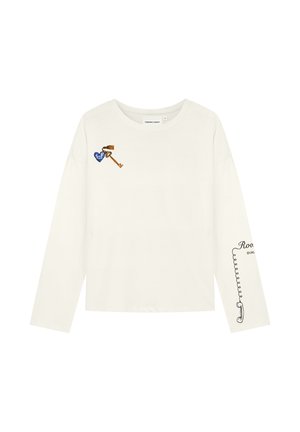 Weißes Langarmshirt mit einem kleinen blauen Herz- und Schlüsselmotiv auf der Brust sowie einem schwarzen Telefonkabel- und Hörer-Design am rechten Ärmel.