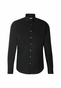 Camicetta nera a maniche lunghe realizzata in tessuto liscio. Caratterizzata da un colletto a camicia con bottoni, bottoni frontali e una vestibilità aderente. Senza motivi o dettagli.