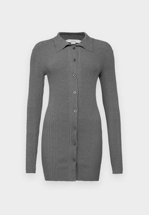 Gray ribbed cardigan with long sleeves, a collared neckline, and button-up front. Features a fitted silhouette and smooth texture.