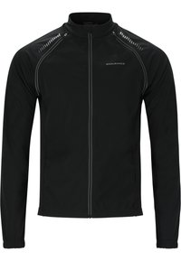 Veste de sport noire à fermeture éclair intégrale avec col montant, manches longues, détails réfléchissants sur les épaules et logo "ENDURANCE" sur la poitrine.