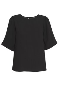 Černá blůza s krátkým rukávem a kulatým výstřihem. Lehce vzdušný materiál, volný střih a klíčová dírka na zadní straně. Hladká textura.