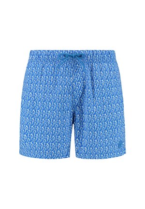Shorts de bain bleus avec un motif abstrait blanc, taille élastique avec cordon de serrage et poche latérale. Fabriqués en tissu léger.