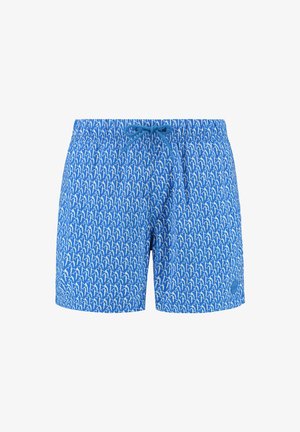 Blå badebukser med et hvidt abstrakt mønster, elastisk talje med snor og en sidelomme. Fremstillet af letvægtsstof.