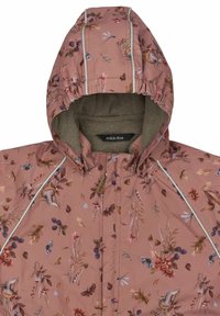 Roosa lillemustriga jakk, millel on vooderdatud kapuuts, esikinnis tõmblukuga ning õmbluste ääres kontrastne ääristus. Pehme sisu tekstuur.