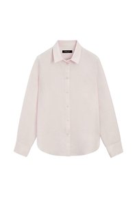 Světle růžová košile s dlouhým rukávem, vzadu zapínaná na knoflíky, s klasickým límečkem a manžetami, zobrazena na bílém pozadí.