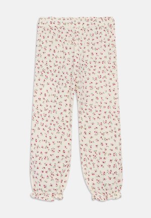 Lekkie, kremowe spodnie w kwiatowy wzór w odcieniach różu i zieleni, z elastyczną talią i ściągaczami przy kostkach.