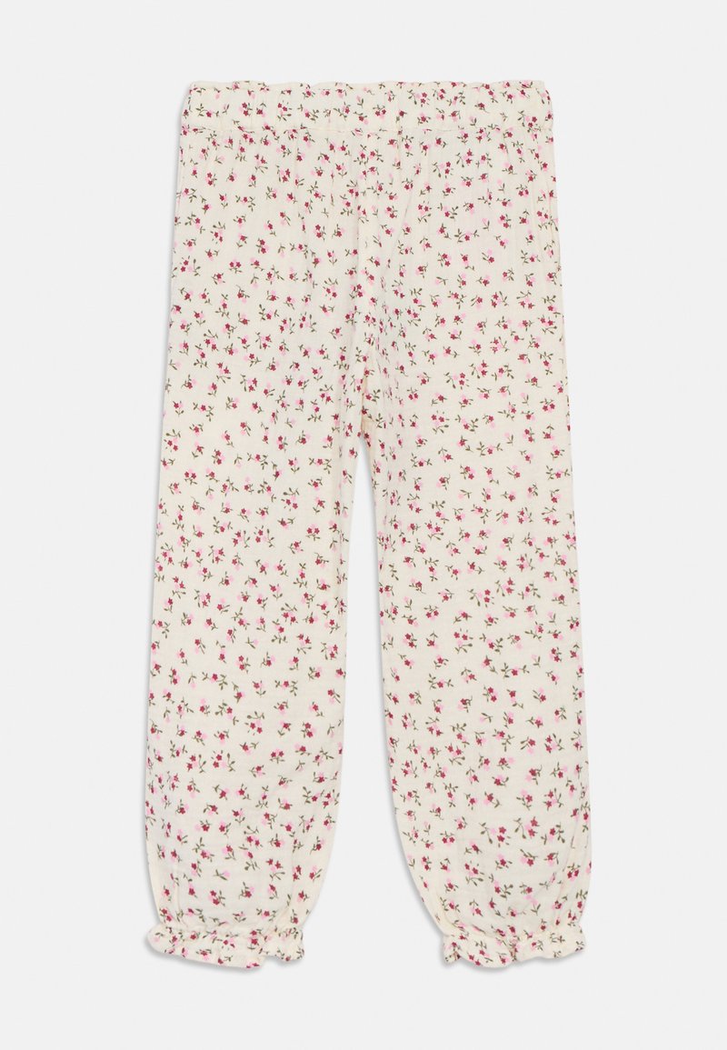 Lette, kremfargede bukser med et blomstertrykk i rosa og grønt, med elastisk midjebånd og rynkede mansjetter ved anklene.