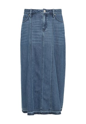 Spódnica dżinsowa w średnim niebieskim odcieniu, z wysokim stanem, zapinana na guziki z przodu i pionowymi szwami. Długości do kolan z subtelnymi detalami haftu.